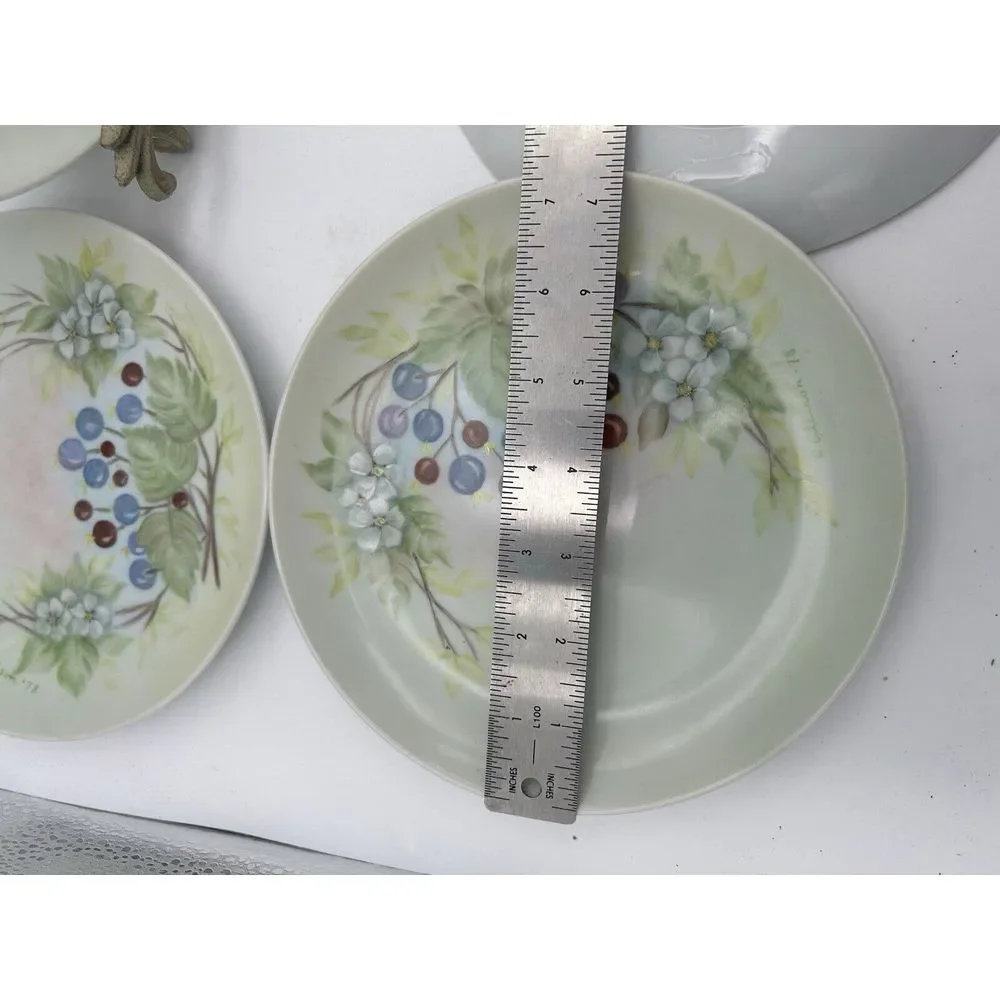 Studio Pottery Hand Painted Salad Plates‎ Dogwood Flowers Blueberries (6) Signed
